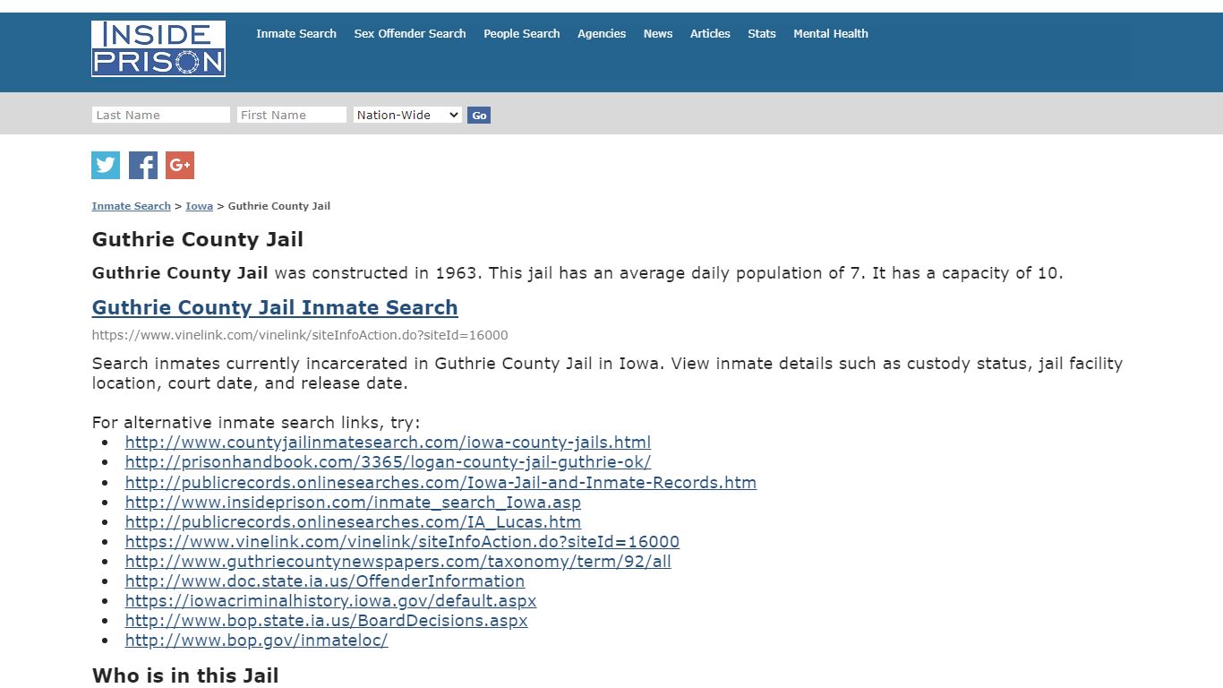 Guthrie County Jail - Iowa - Inmate Search